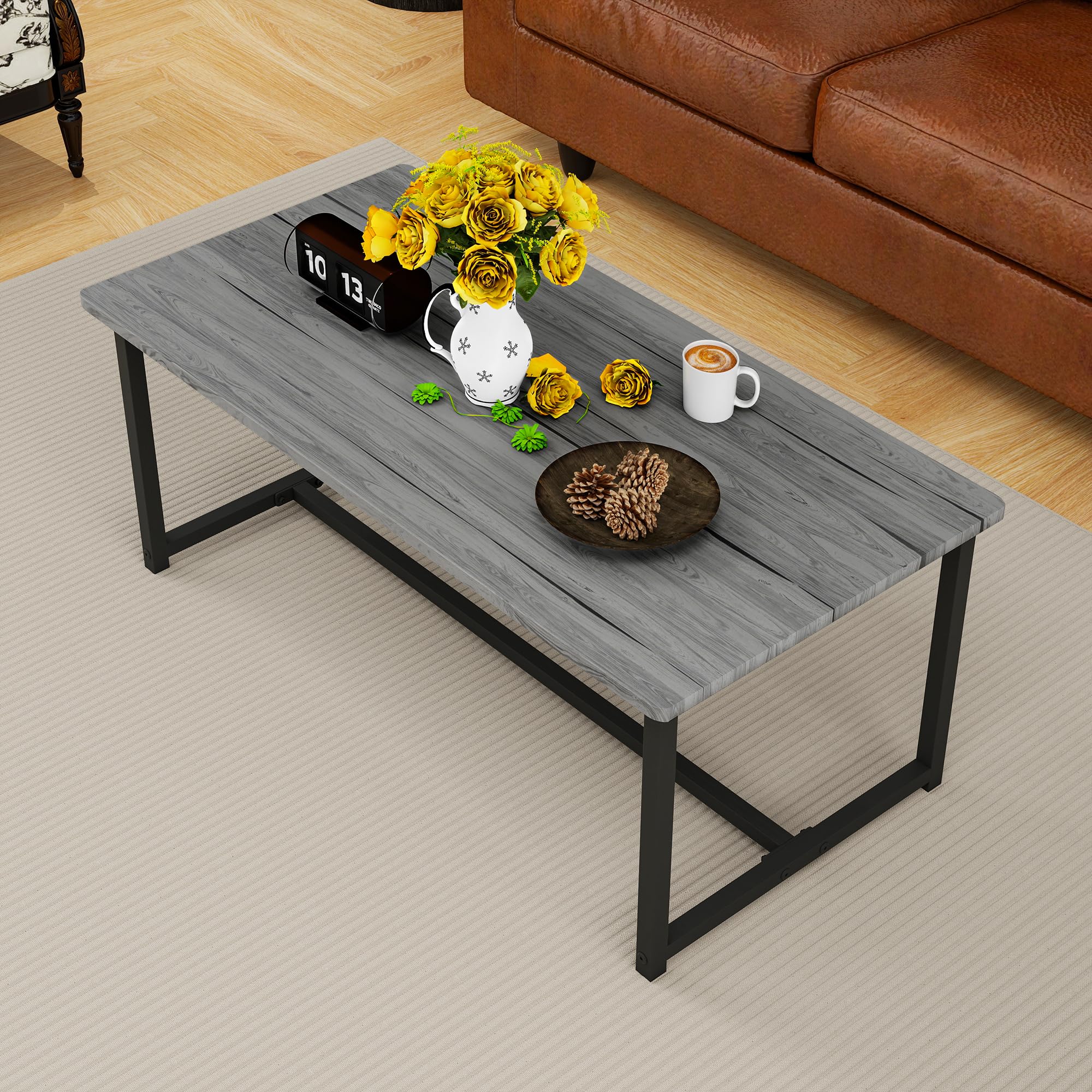 Industrial Coffee Table with Rectangle Wood and Stable Metal Frames