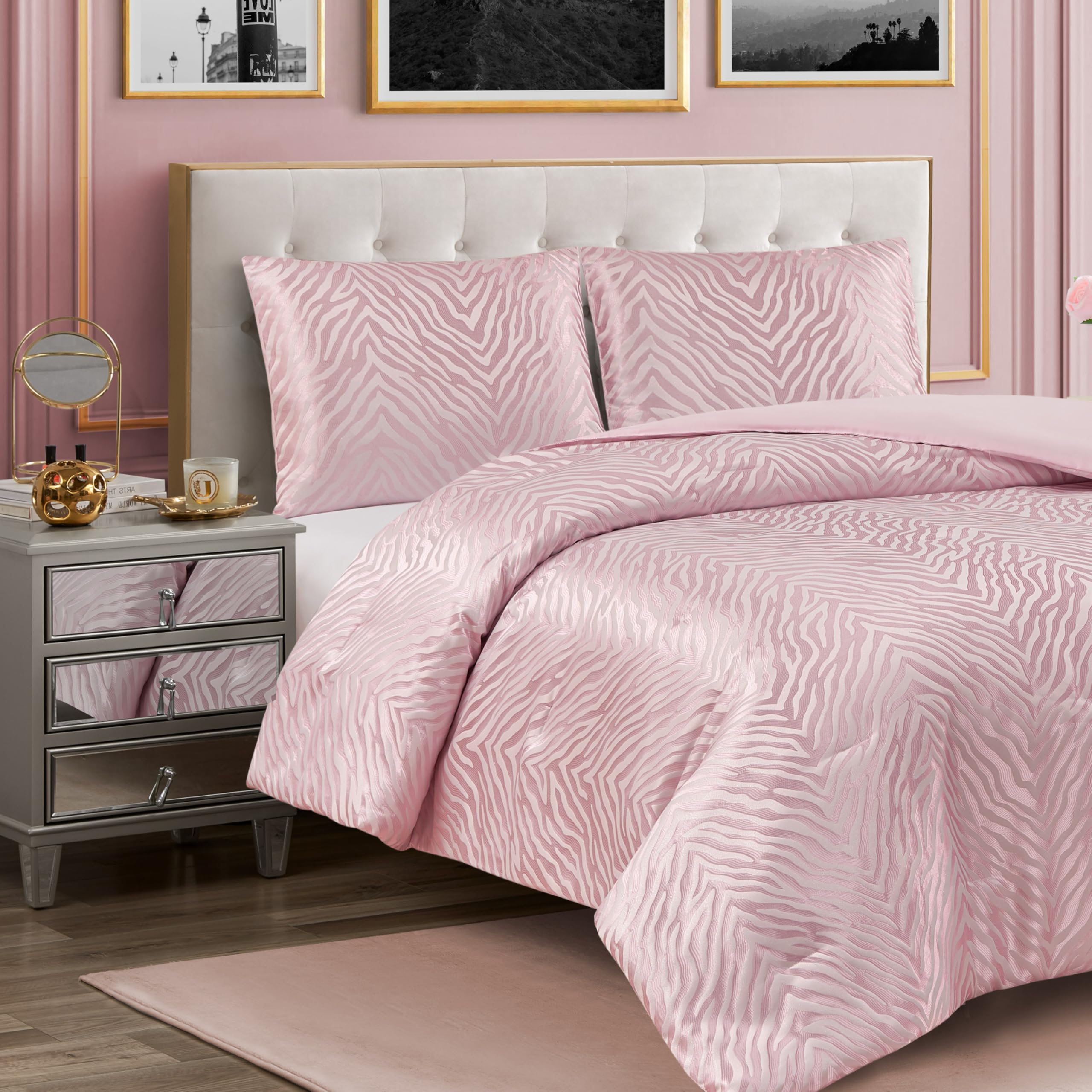 Pink Marshmallow Sparkle Zebra Jacquard Full/Queen Comforter Set - 3 Piece