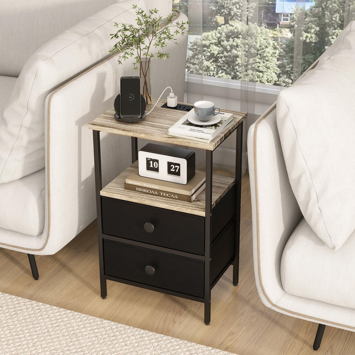 Acovy Small Nightstand with Charging Station 2 USB Ports & 2 Outlets, Solid Wood and Drawers, Night Stand End Table for Bedroom, Bedside Table, Side Table, Set of 2