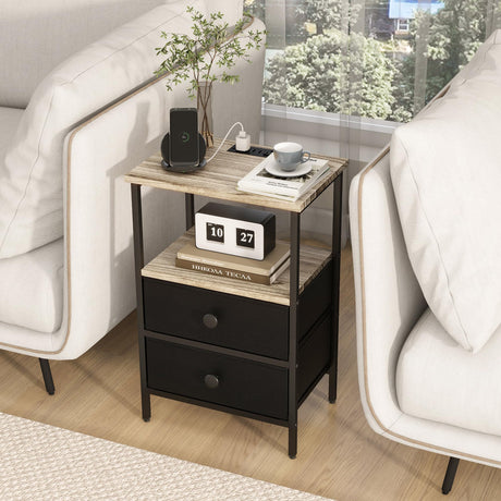 Small Nightstand with Charging Station 2 USB Ports & 2 Outlets, Solid Wood and Drawers