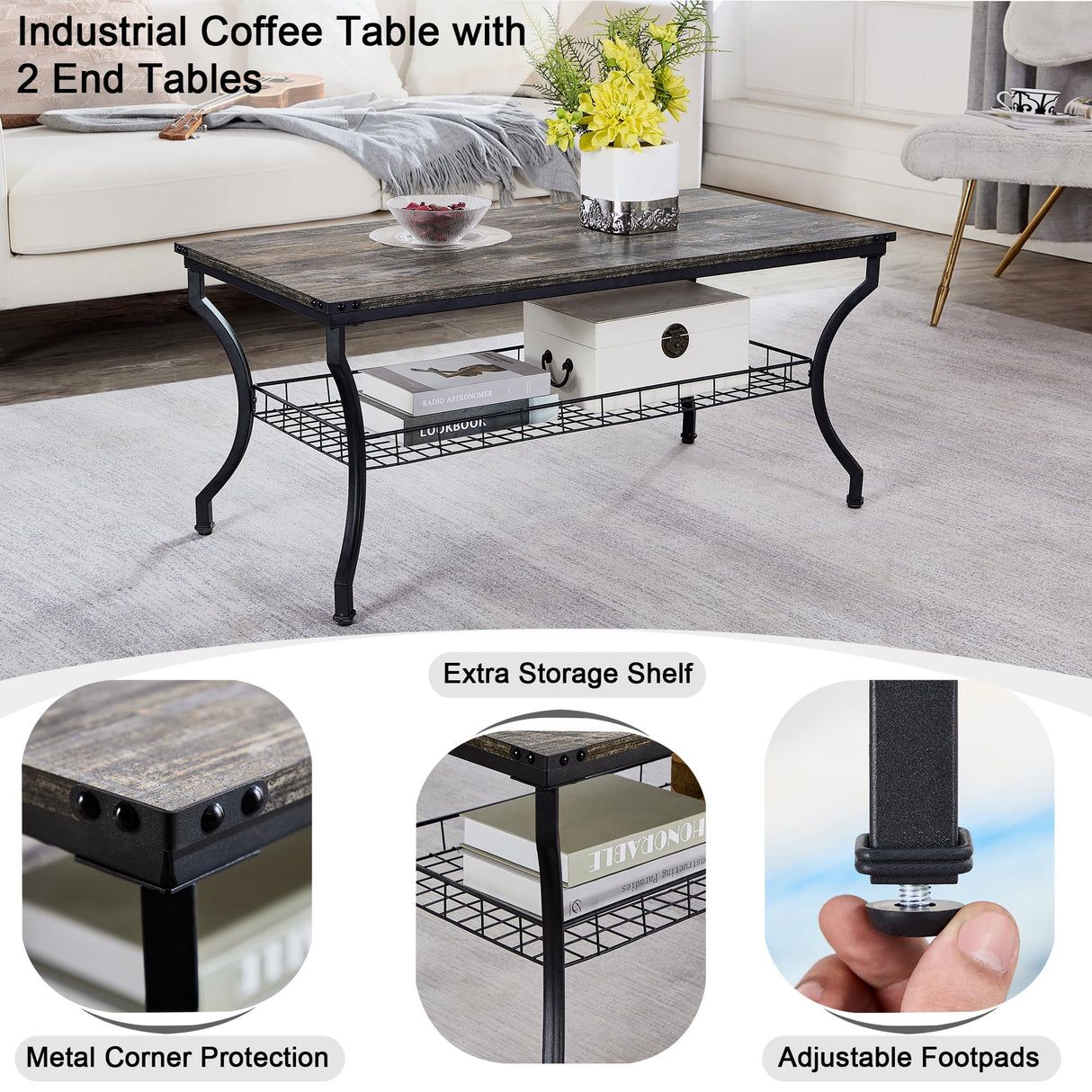 3 Pieces Living Room Sets Coffee and End Tables with Open Storage Shelves