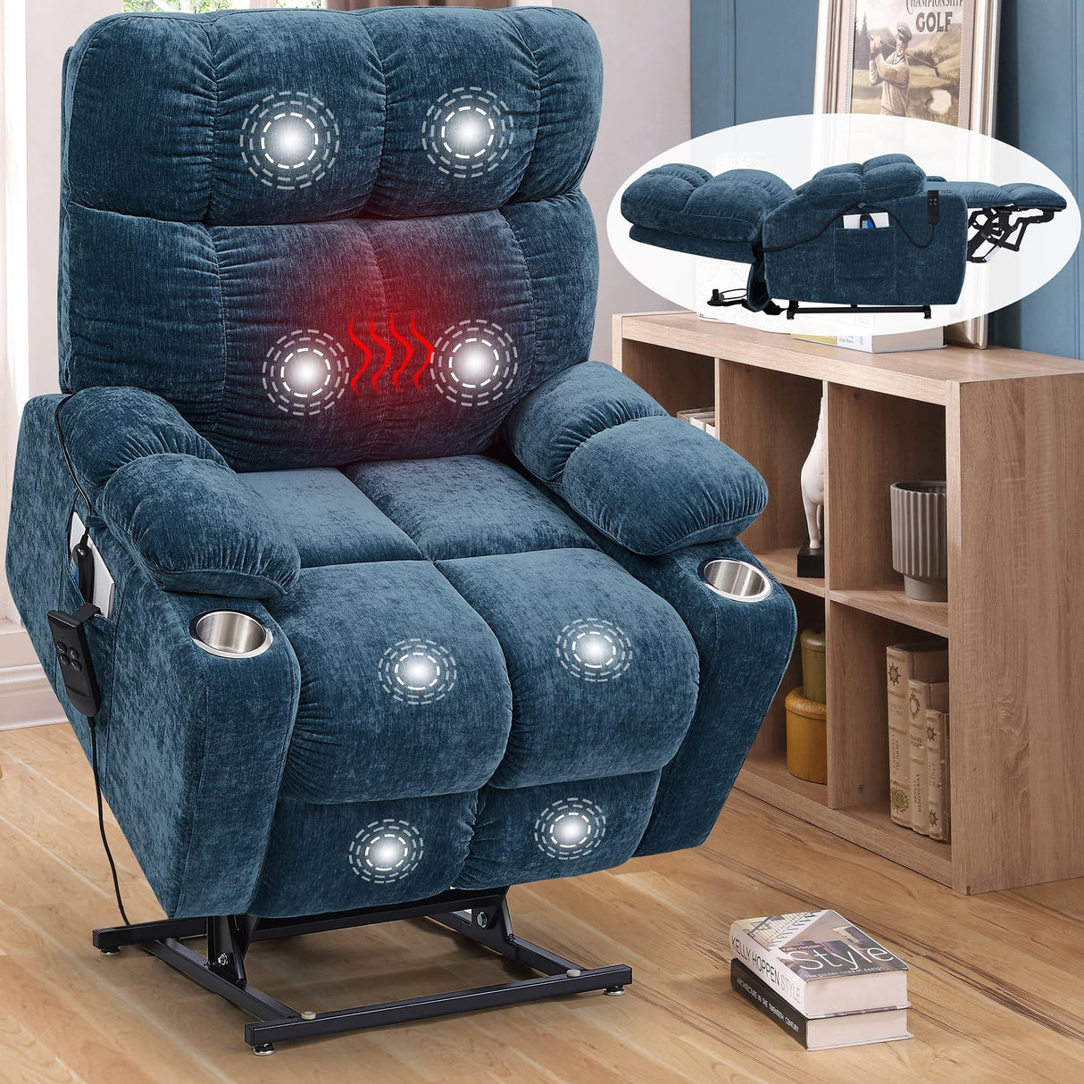 Sleeping Lift Recliner Chair with Heat Vabriation Massage for Elderly,Infinite Position Soft Fabric Power Electric Recliner Sofa Chair with Dual OKIN Motor for Living Room Blue Fabric