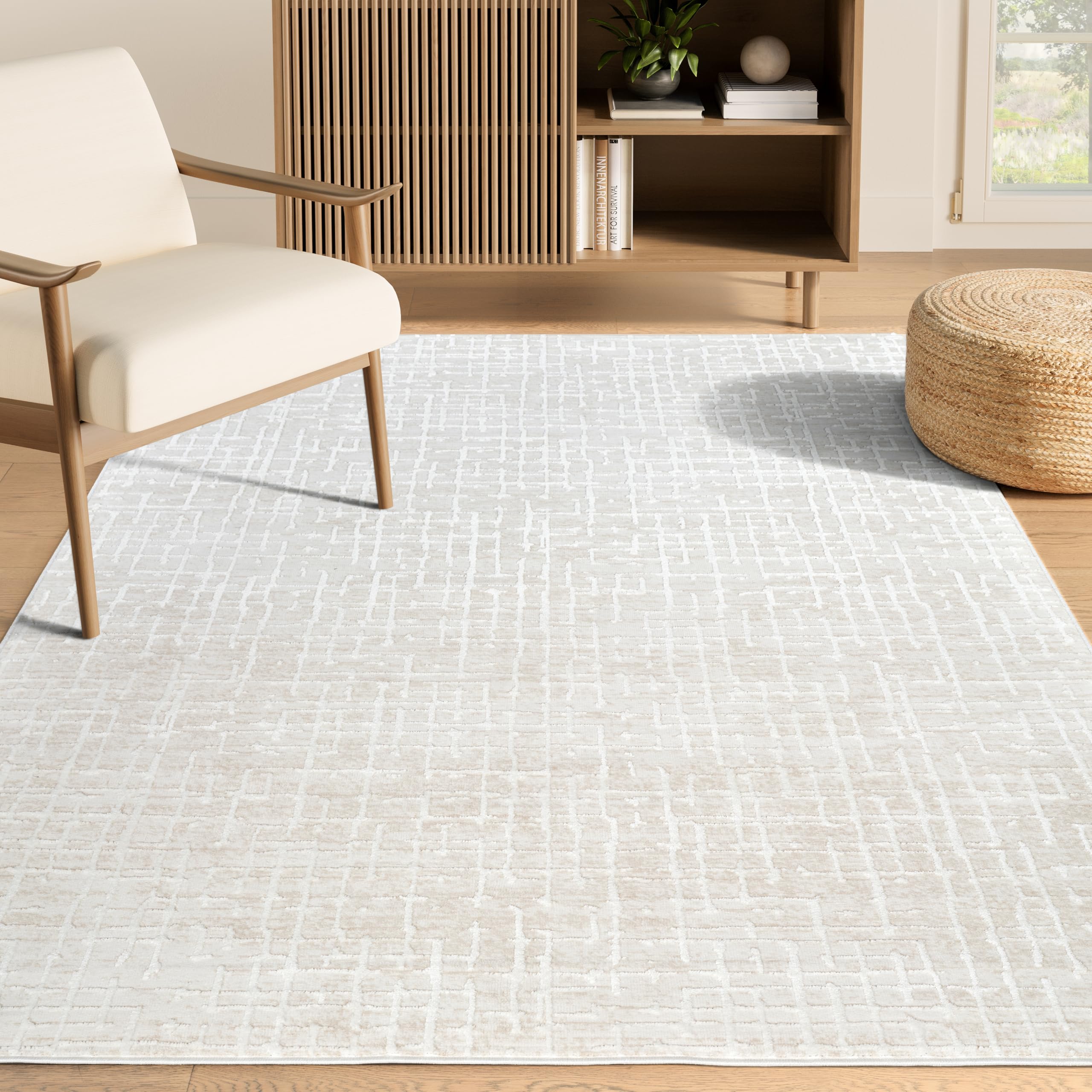 Abani Beige Area Rug - 6x9 Area Rugs for Bedroom - Vera Collection Geometric Grid Pattern - Non-Shedding, Easy to Clean Durable Rugs for Living Room, Bedroom or Office, Pet & Child Friendly