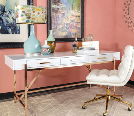 Broadway Modern Executive Desk with 3 Drawers and Charging Station, White Gloss Finish and Gold Frame