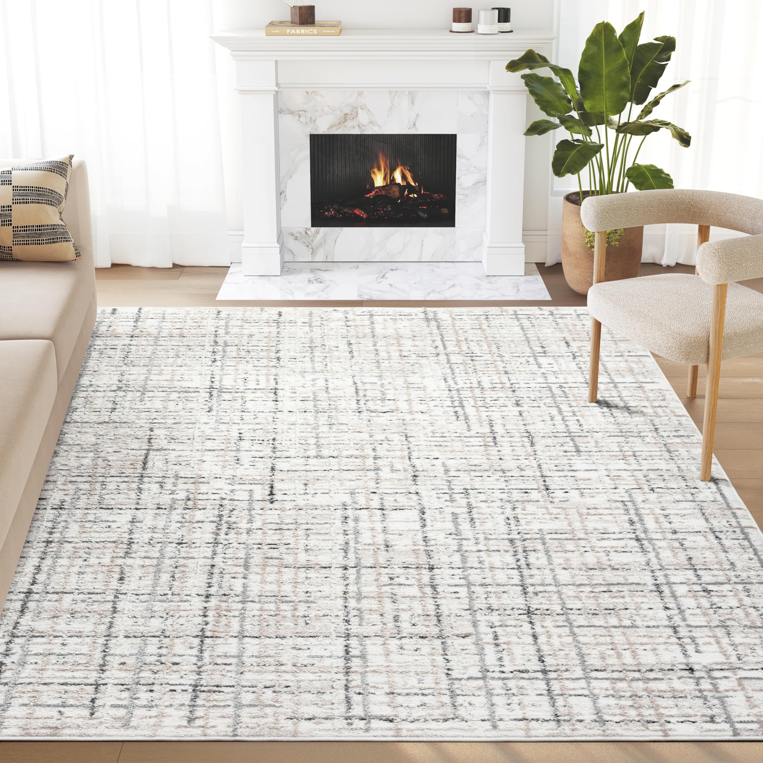 Abani Grey Area Rug for Living Room, Bedroom - Crosshatch Pattern- 8' x 10' -Durable & Easy to Clean