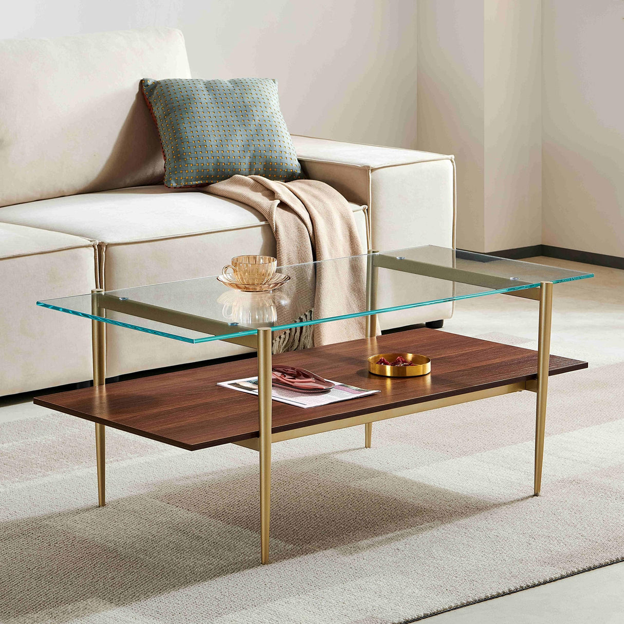 Glass Coffee Table, Clear Double Layer Glass Coffee Table