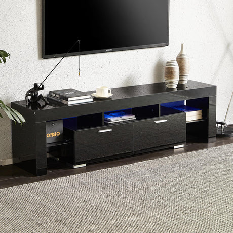 TV Stand for 75 inch TV, Black TV Stand with LED Lights, Modern Entertainment Center