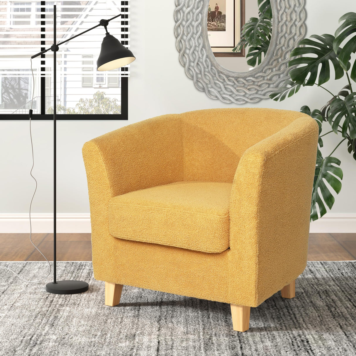 Isla Contemporary Club Chair, Upholstered Arm Chair, Comfy Fabric Solid Birch Wood Leg, Durable Round Backrest Club Chair, Soft for Living Room Bedroom Home Rest, Yellow