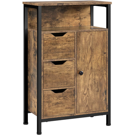 Industrial Bathroom Floor Cabinet, Freestanding Wooden Organizer, Multiple Tiers Storage Cabinet with 3 Drawers,