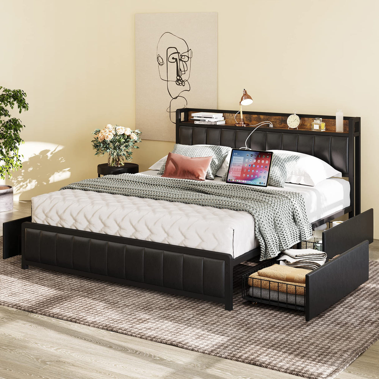 Queen Bed Frame with Storage Drawers Headboard & Footboard, Upholstered Platform