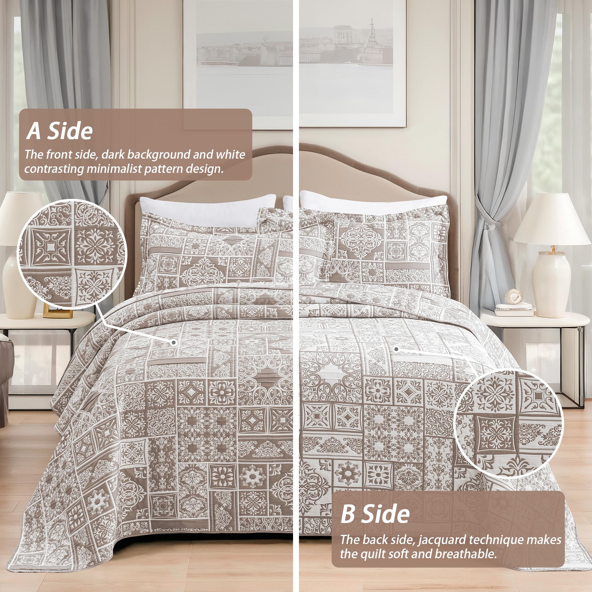 Asuexpect 3 Piece Patchwork Quilt Sets King Size, Boho Reversible Jacquard Quilts Bedding Set for All Season, Soft Lightweight Comforter Bedspread Coverlet Set (106''x96'') with 2 Shams, Brown