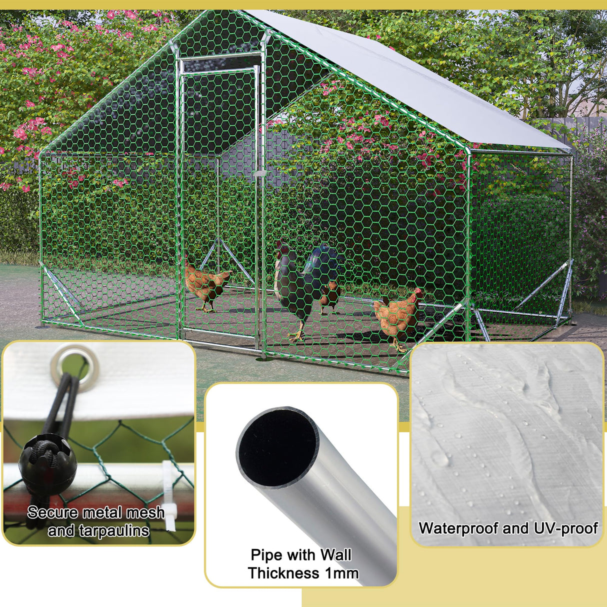 Metal Chicken Coop 10x6.6x6.56ft Walk-in Poultry Cage Chicken Run Hen Rabbit