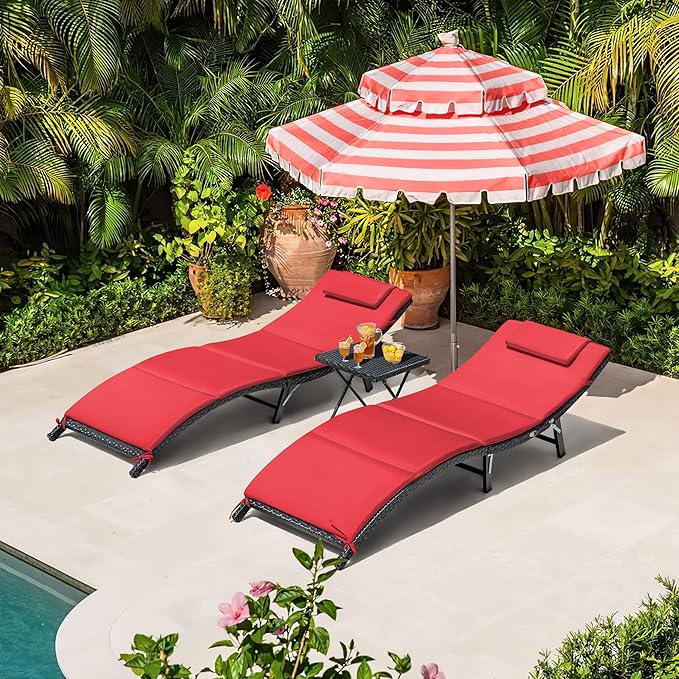 3 Pieces Patio Chaise Lounge Chair Sets Outdoor Beach Pool PE Rattan Reclining Chair