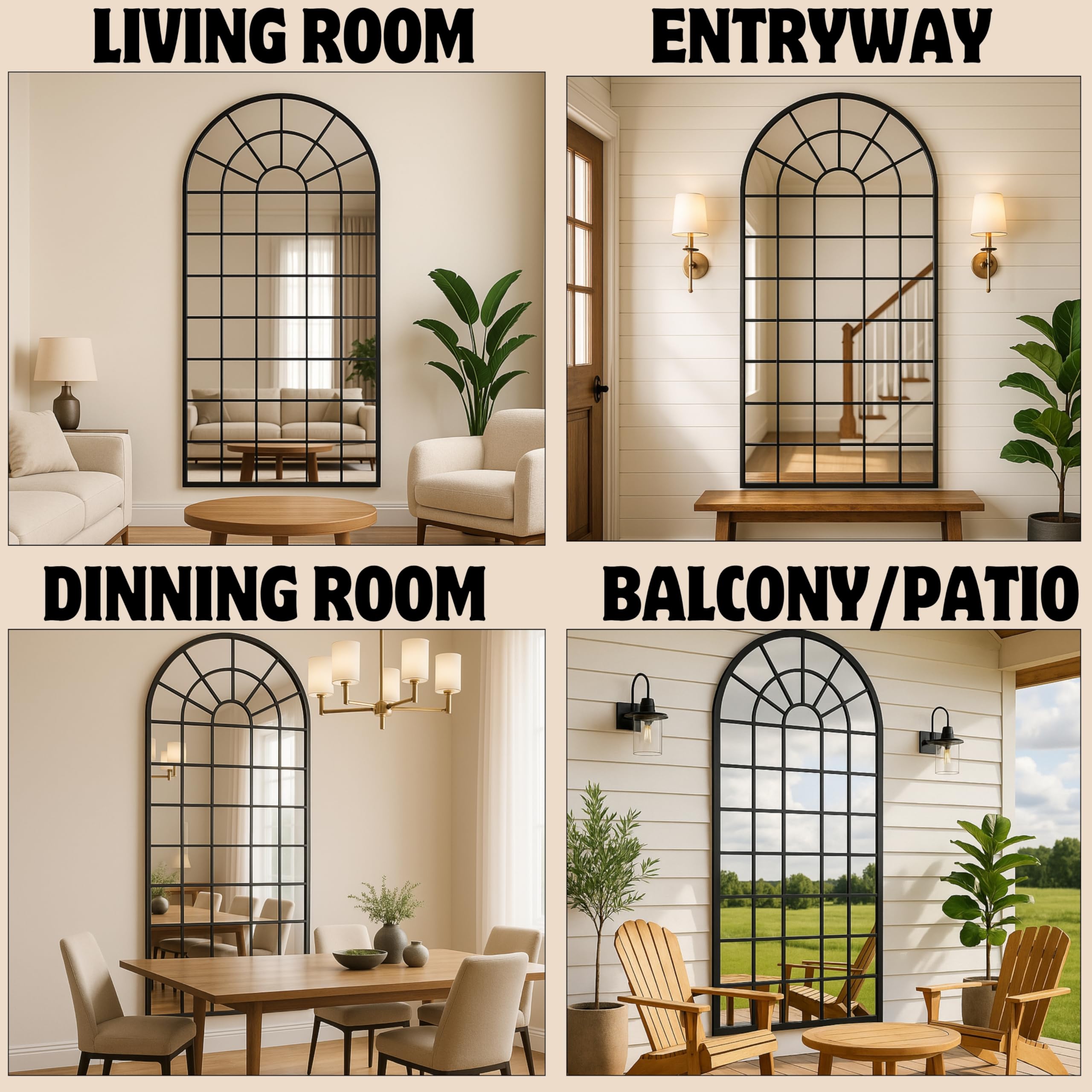 Large Arched Window Pane Mirror - 70x30 Inch Full Length Wall & Floor Mirror