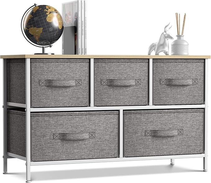 Dresser with 5 Drawers - Storage Chest Organizer Unit with Steel Frame, Wood Top