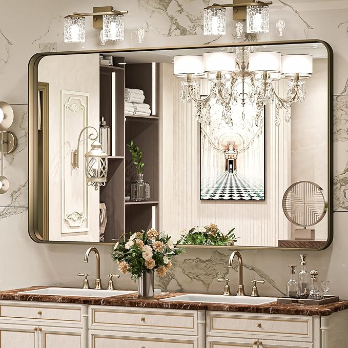 Brushed Silver Bathroom Mirror for Wall Brushed Brass Metal Rounded Corner
