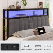 Fastroby LED Bed Frame Queen Size with Storage, Upholstered Queen Bed Frame with 2-Tier Charged Headboard and Drawers, 6-Side-Storage, Dark Grey