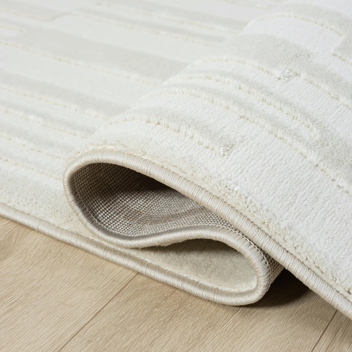 Cream Area Rug 8x10 - Textured Linear Design for Living Room & Bedroom