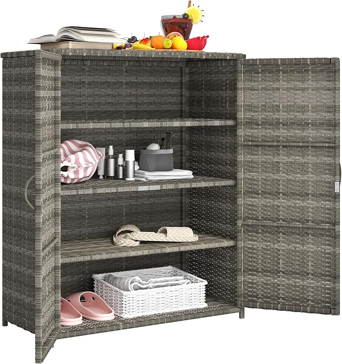Wicker Outdoor Storage Cabinet with Shelves, 4-Shelf Outdoor Pool Towel Storage