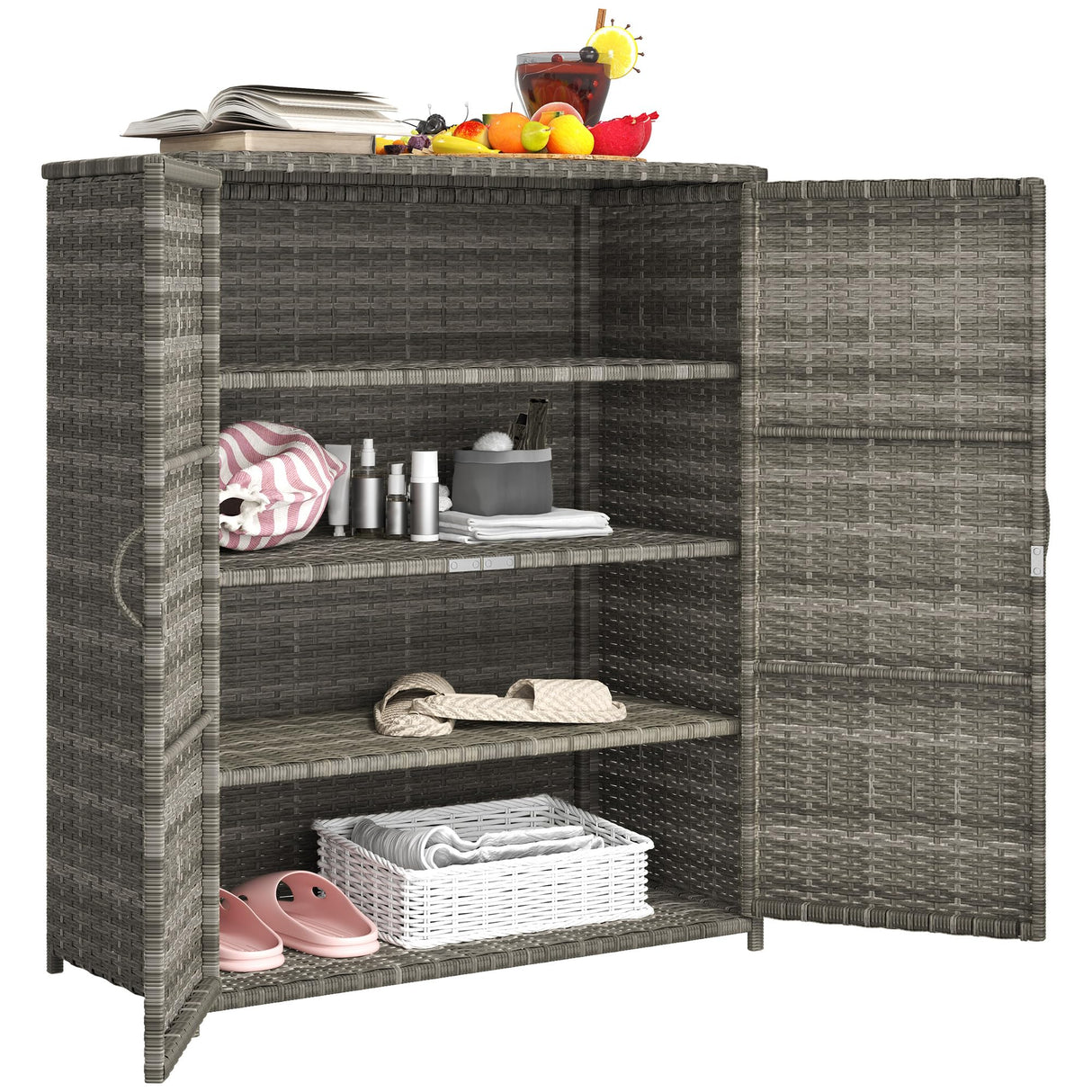 Wicker Outdoor Storage Cabinet with Shelves, 4-Shelf Outdoor Pool Towel Cabinet