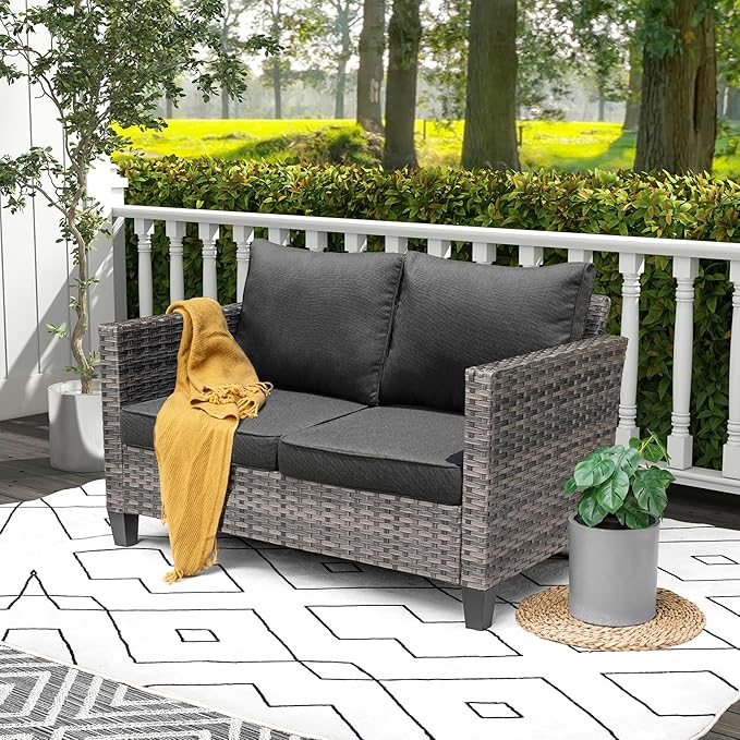 Patio Sofa Loveseat, 2-Seater Outdoor Wicker Rattan Sofa Couch
