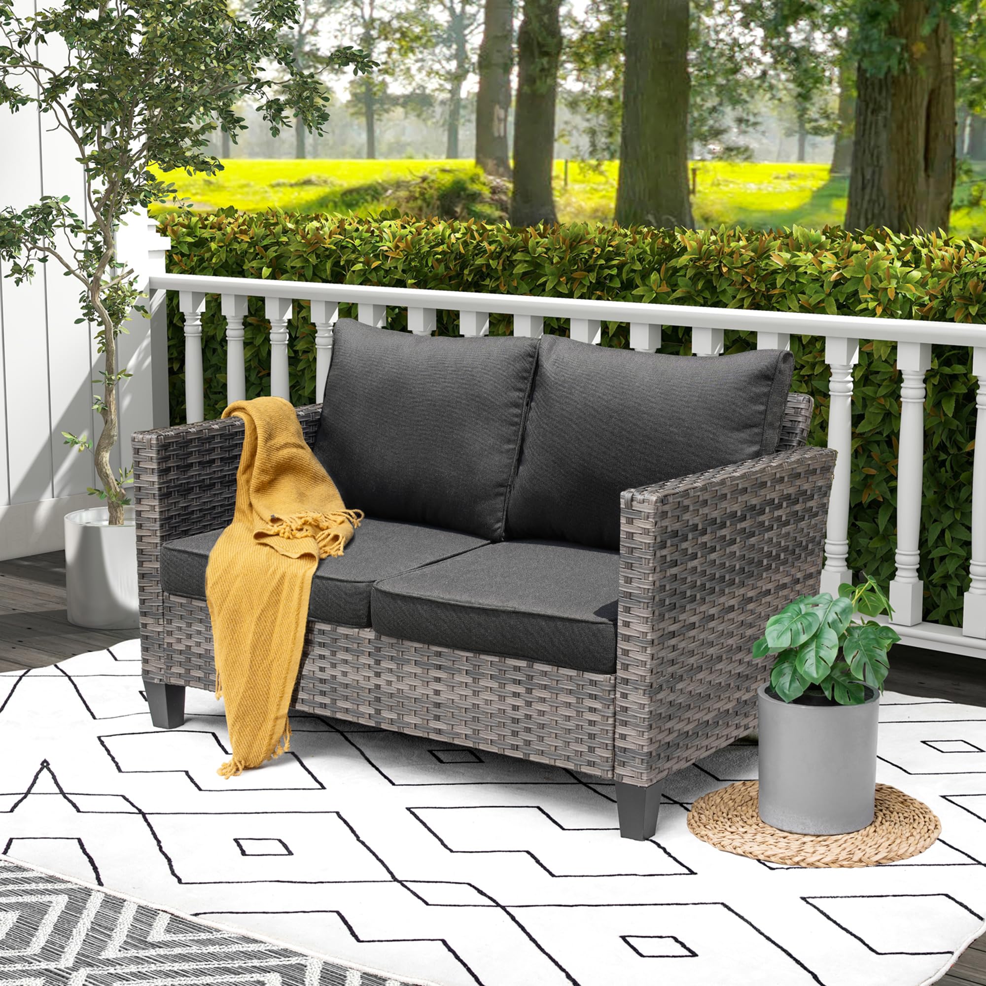 Patio Loveseat, 2-Seater Outdoor Wicker Sofa Couch with Comfy Cushions