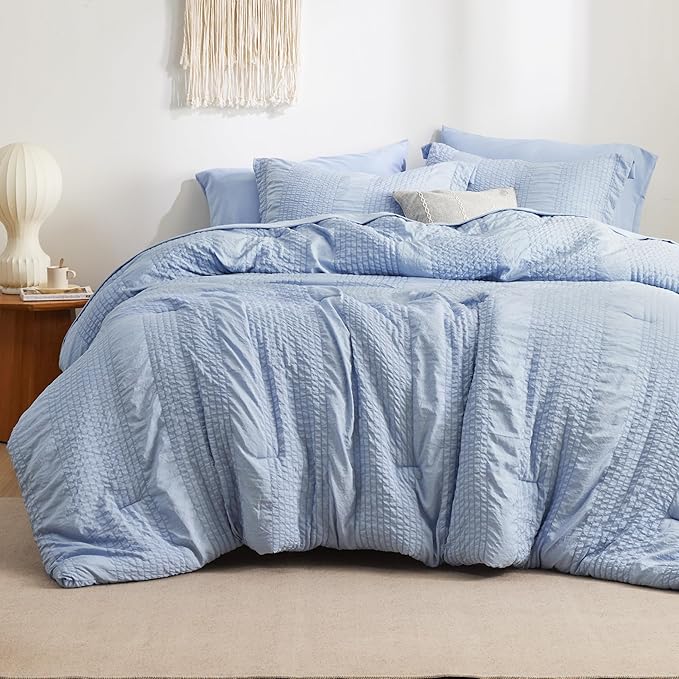 King Comforter Set - 7 Pieces Striped Seersucker Jacquard Comforter Bedding Set