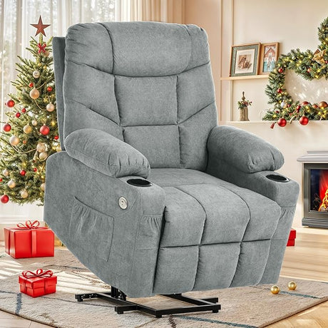 Electric Power Lift Recliner Chair for Elderly, Fabric Recliner Chair with Massage and Heat, Spacious Seat, USB Ports, Cup Holders, Side Pockets, Remote Control (Brown)