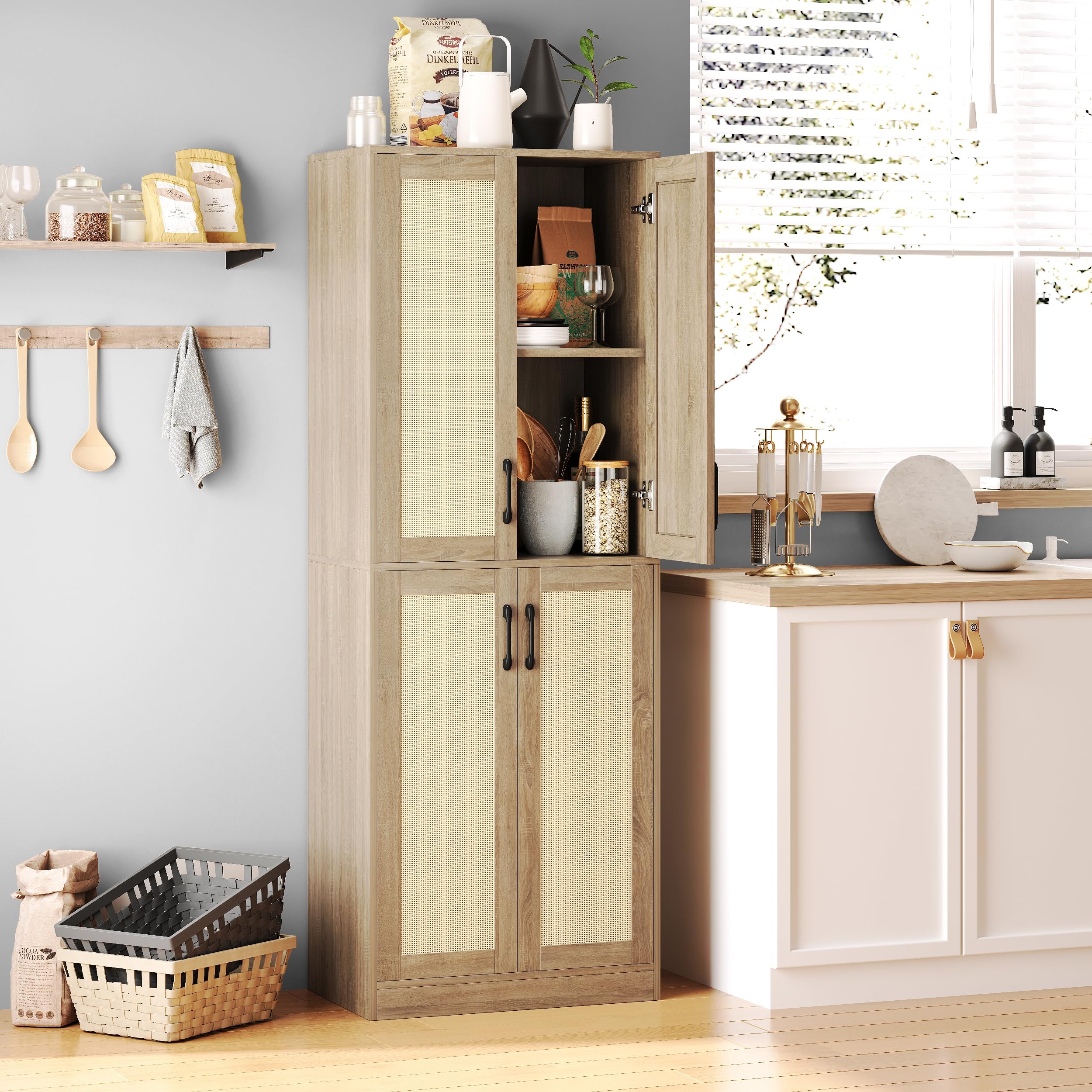 Kitchen Pantry Cabinet, Rattan Cabinet, Tall Storage Cabinet with 4 Doors and Adjustable
