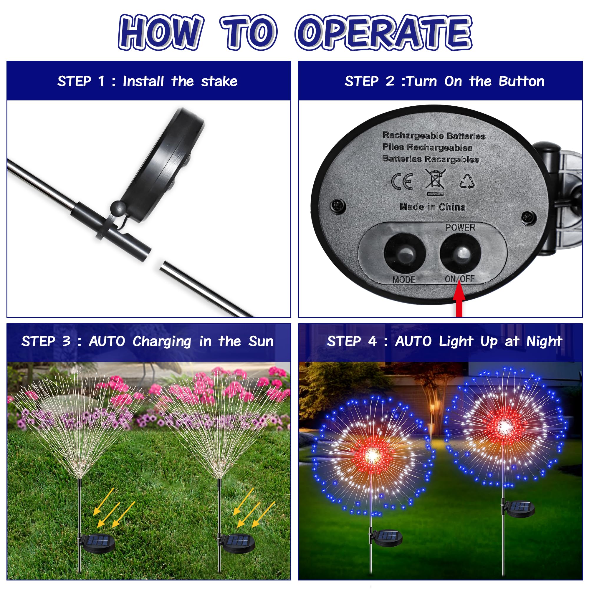 4th of July Decorations Outdoor Solar Lights, 2 Pack Solar Powered Firework Lights