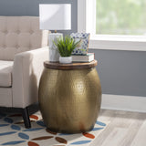 Brass Drum Side Table with Storage Beneath The Wood Top Janice