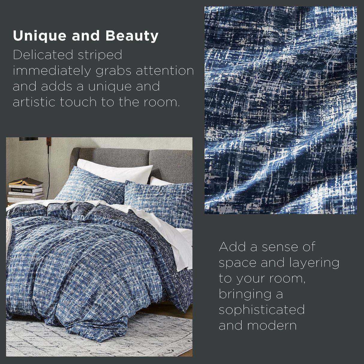 Comforter King Size for Men, Blue Modern Farmhouse Aesthetic Soft Bedding Set,