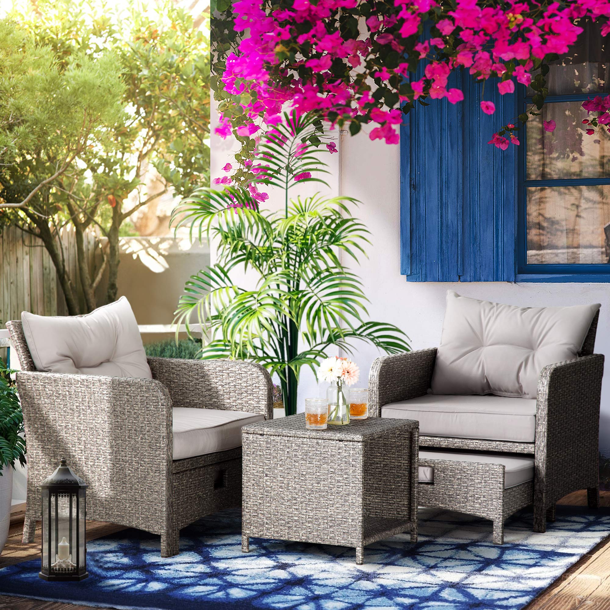5 Pieces Outdoor Patio Wicker Chairs Set with Ottoman