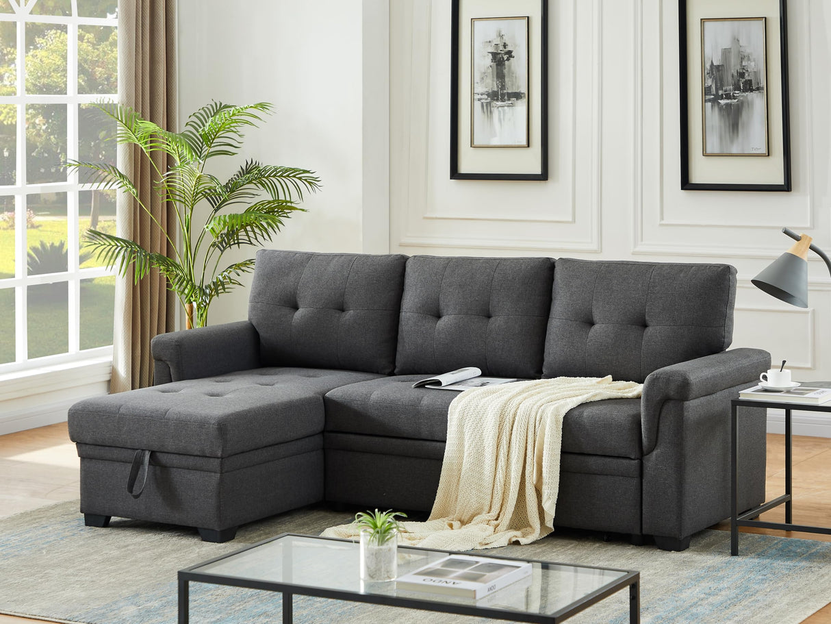 Lucca 84" W Dark Gray Linen Reversible Sleeper Sectional Sofa with Storage Chaise