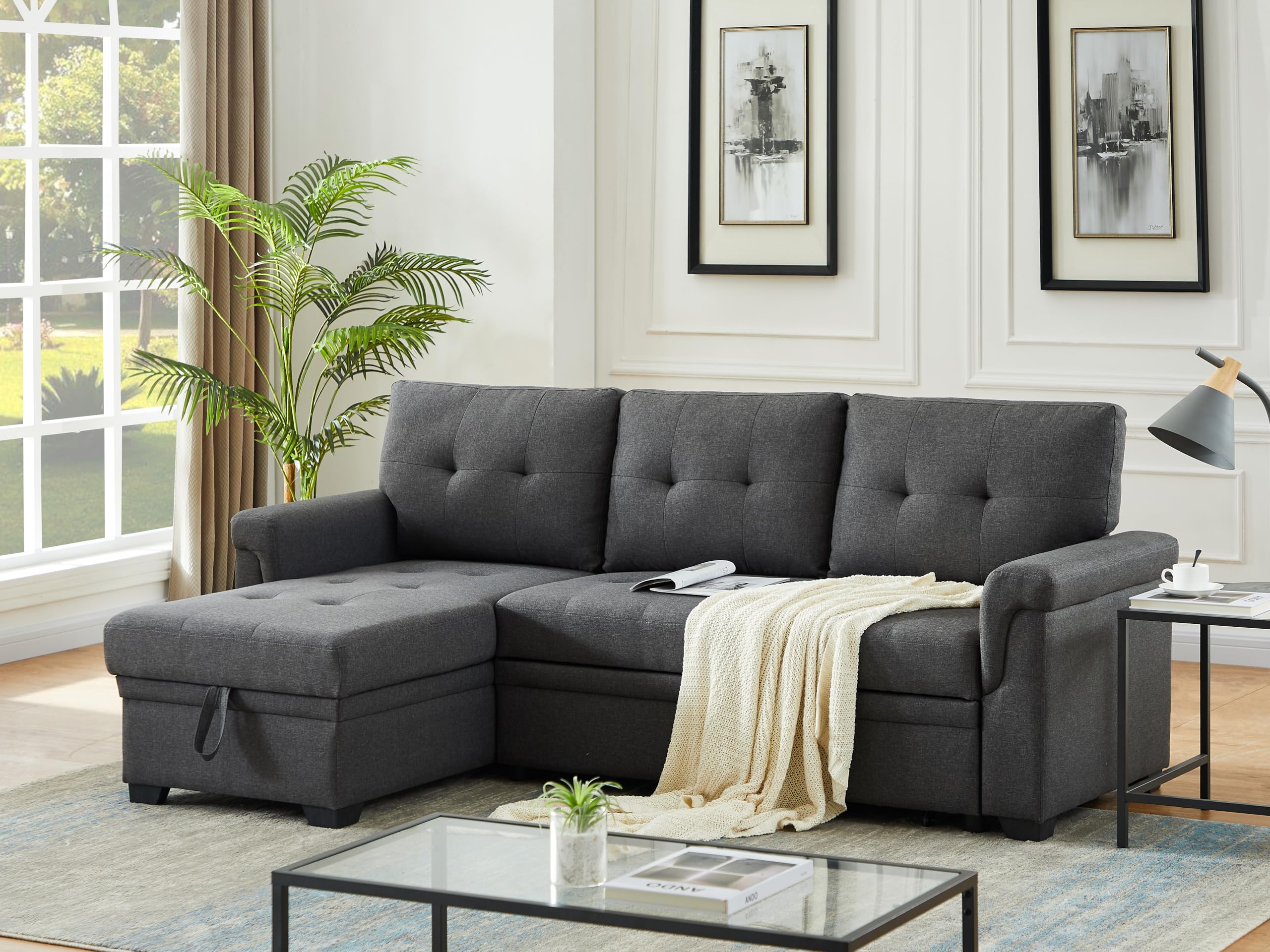 Lucca 84" W Dark Gray Linen Reversible Sleeper Sectional Sofa with Storage Chaise