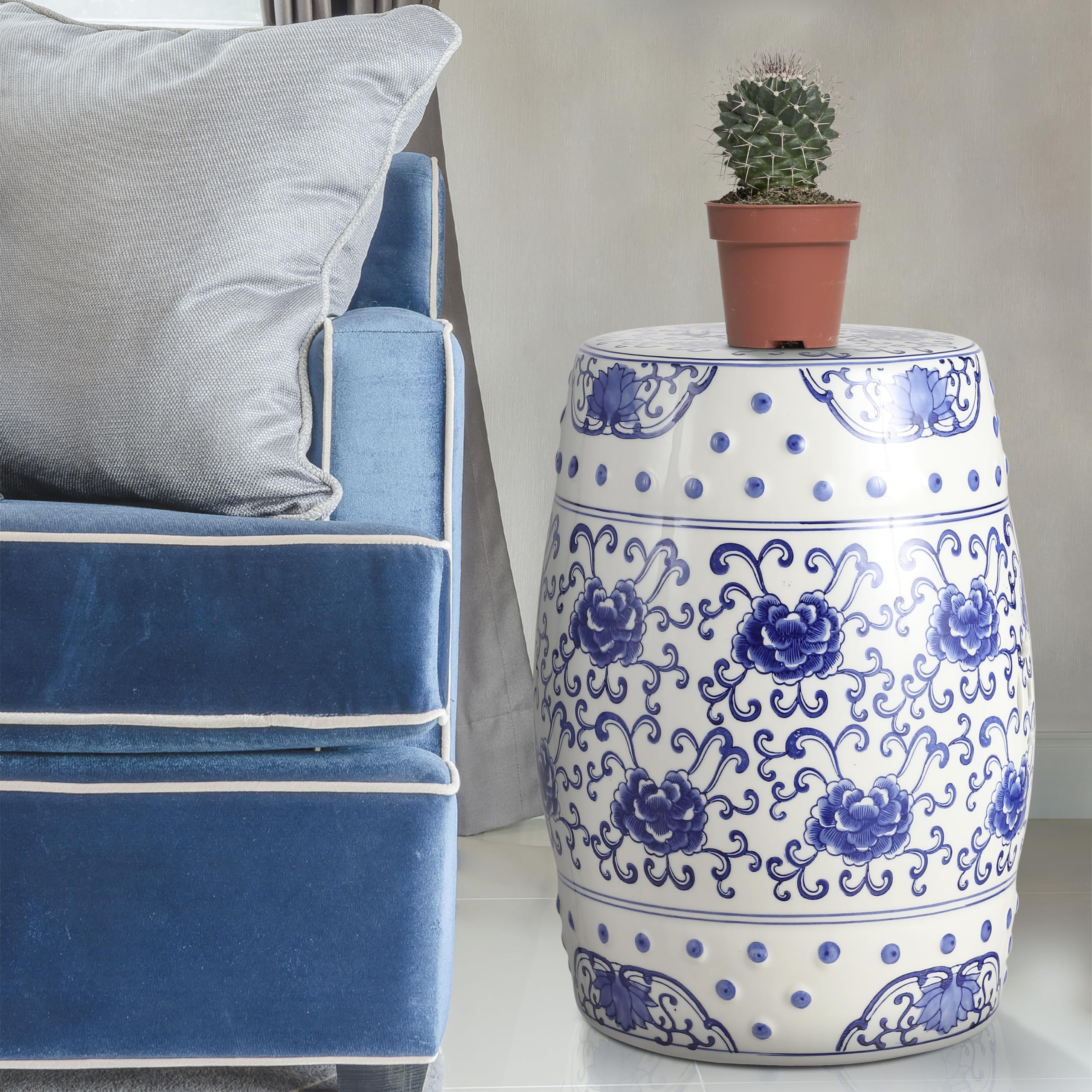 TBL1000A Lotus Flower 17.8" Chinoiserie Ceramic Drum Garden Stool Bohemian,