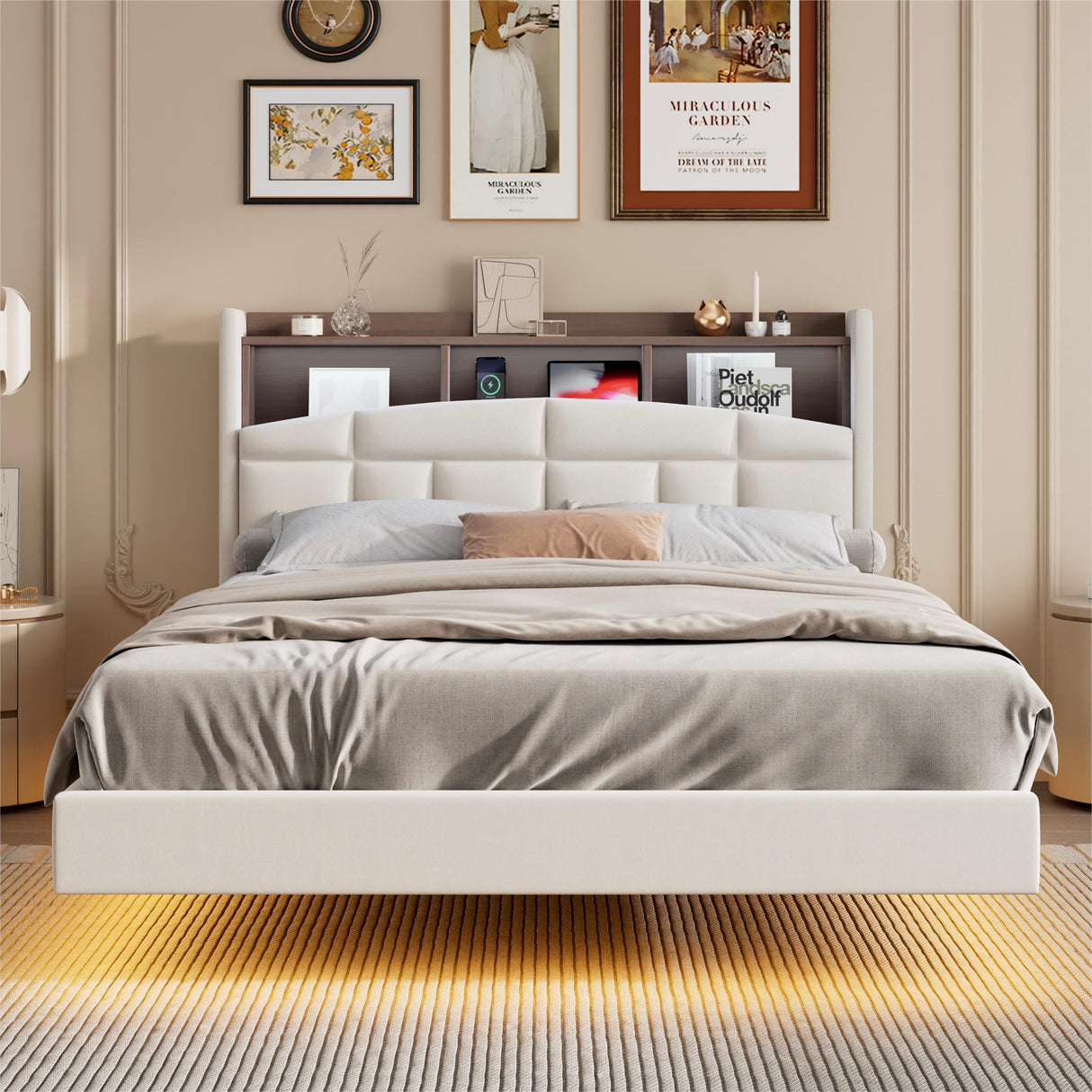 Floating Bed Frame with RGB LED Lights and Charging Station,Velvet Upholstered