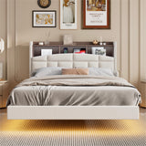 Floating Bed Frame with RGB LED Lights and Charging Station,Velvet Upholstered