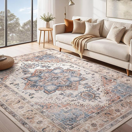 Rug 9x12 Area Rugs: Boho Vintage Distressed Oriental Medallion Neutral Thin Large Rug