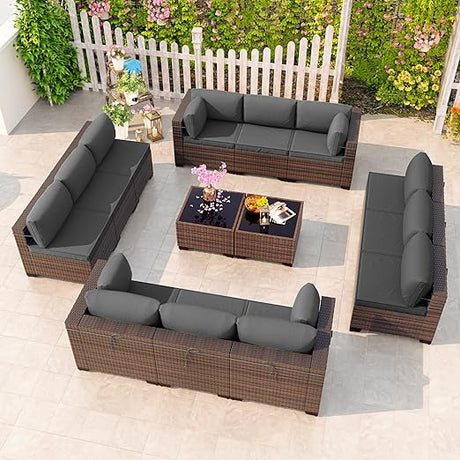 Patio Furniture 7 Pieces Outdoor Sectional PE Rattan Sofa Set Brown Manual Wicker