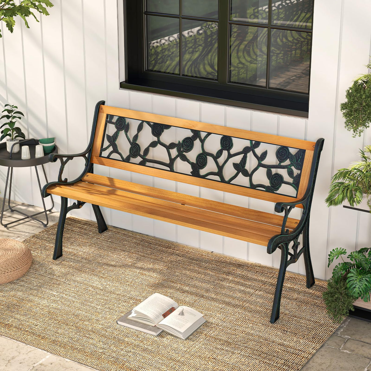 Outdoor Bench, 3-Person Park Bench with Slatted Seat, Curved Armrests, Floral Pattern