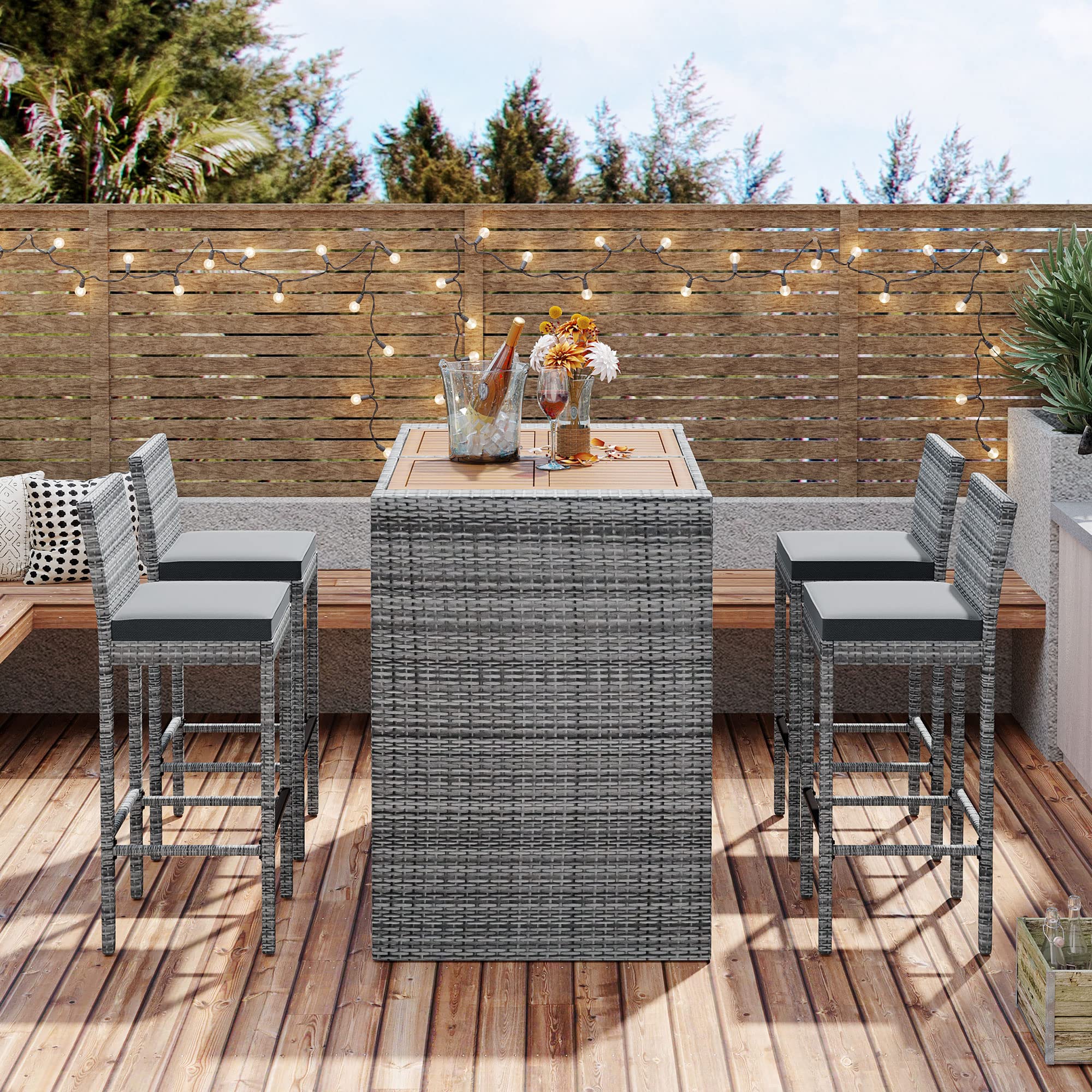 VnndeNest 5-Pieces Patio Furniture Set, Outdoor Wicker Bar Set with 4 Stools and Table, Space Saving Wicker Patio Bars Set Outdoor Furniture Bistro Set for Backyards, Porches, Gardens, Poolside, Grey
