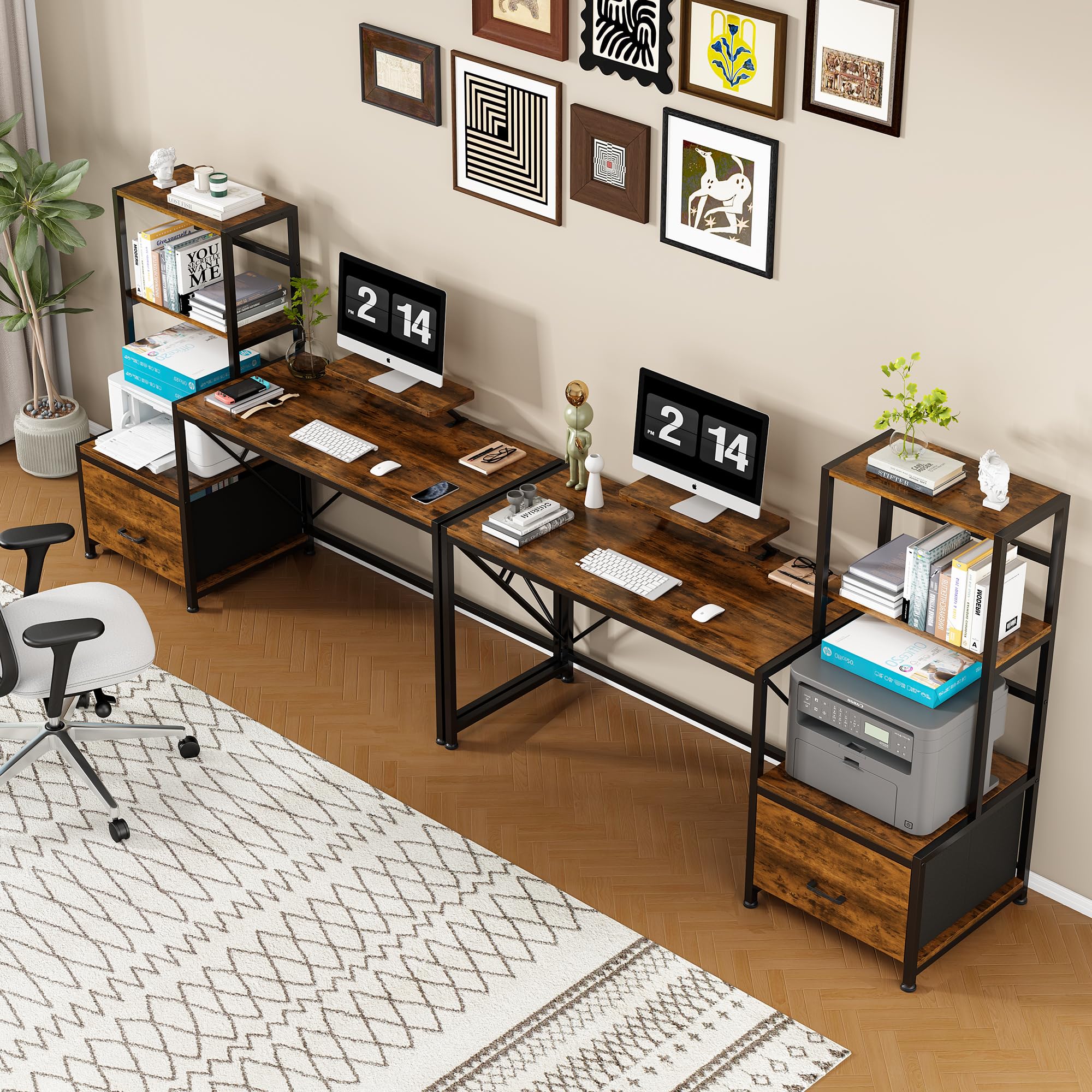 Desks 58 inch with Drawer & Storage Printer Shelf, Reversible Computer Desk with Movable Monitor Stand, Writing Gaming Table with Shelves for Study PC Working, Vintage