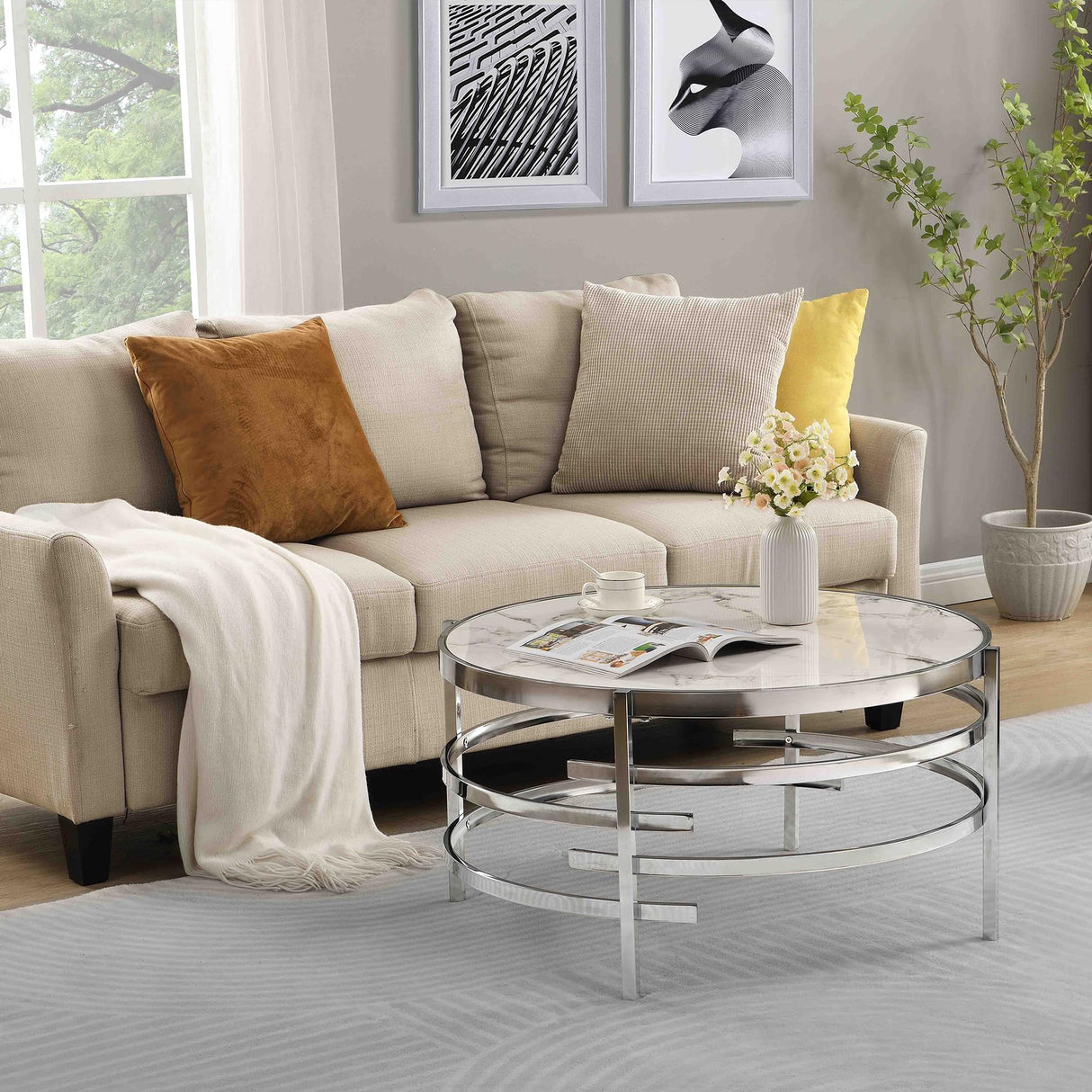 Coffee Table Marble Stone Silver Living Room Table Modern Round Sofa Side Table