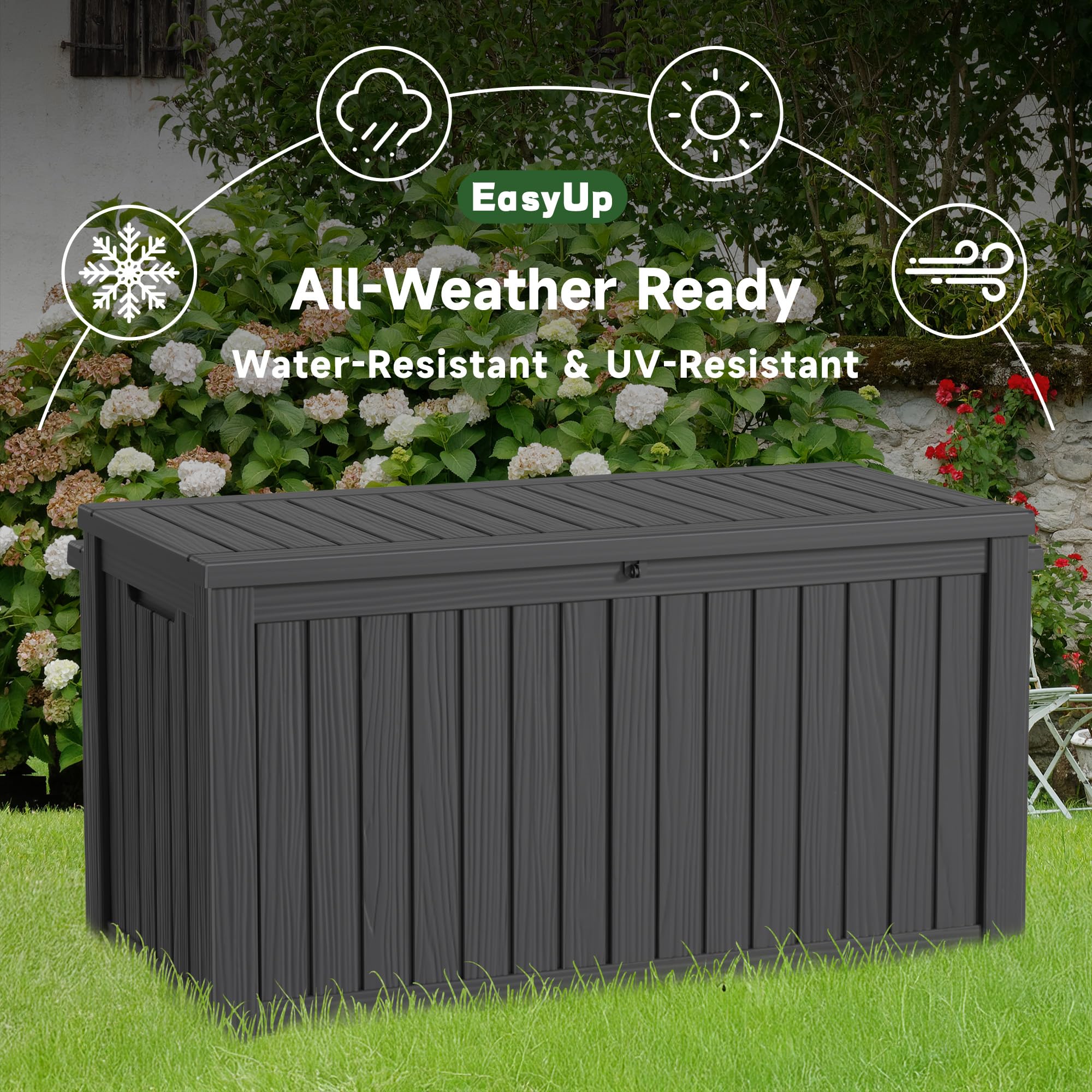 EasyUp 150 Gallon Outdoor Storage Box, Resin Waterproof UV-Resistant Deck Box with Hydraulic Lid Support, Reinforced Stability for Patio, Garden, and Poolside, Striped Black