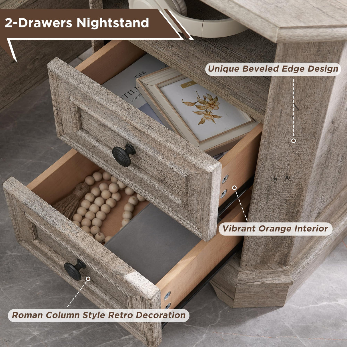 Farmhouse Nightstand with Charging Station, 18" End Table with 2 Drawers,