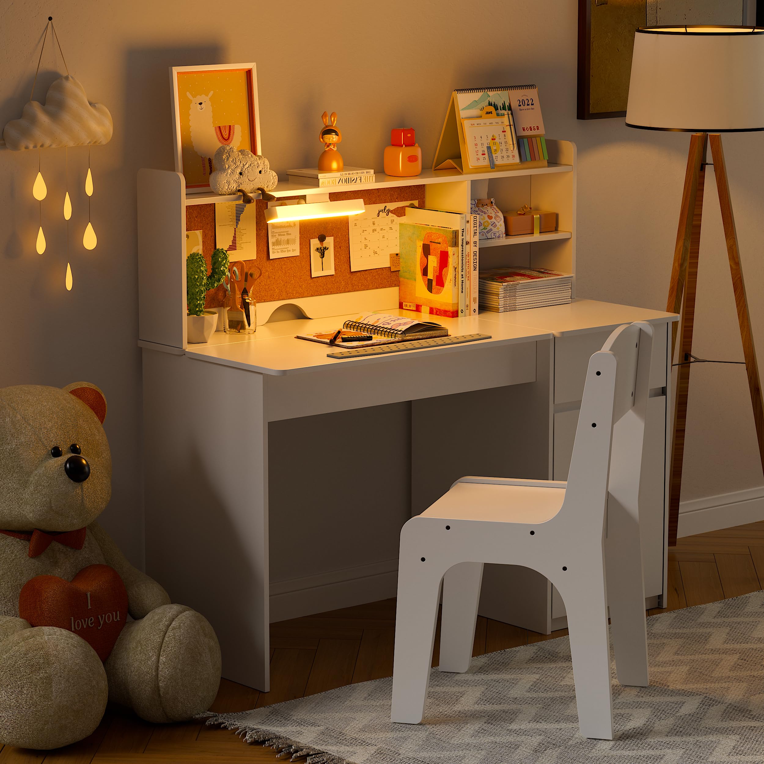and Chair Set,Kids Study Desk with 3-Color Lights,Tiltable Desktop,Multi Functional Study Table for Kids 5-12,Student Writing Desk with Hutch and Storage Cabinet for Bedroom