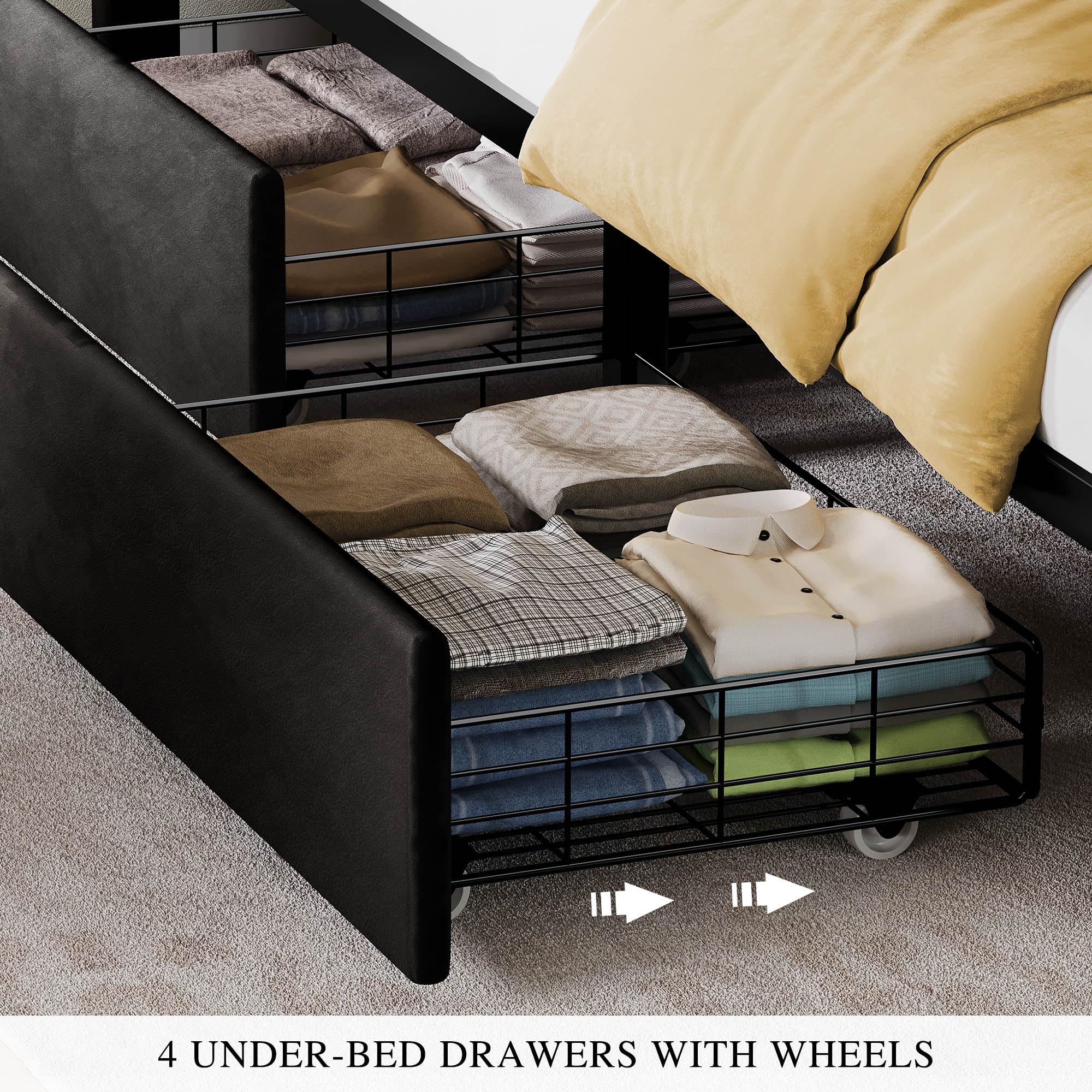 King Size Velvet Platform Bed Frame with LED Lights & Storage Drawers