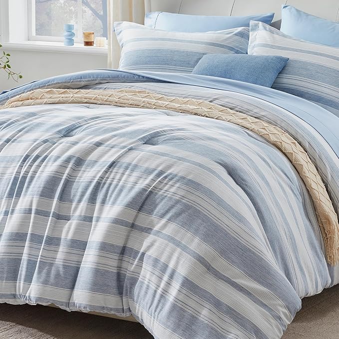 King Size Comforter Set, 7 Pieces Bed in a Bag Blue Striped, Lightweight Cationic Dyeing