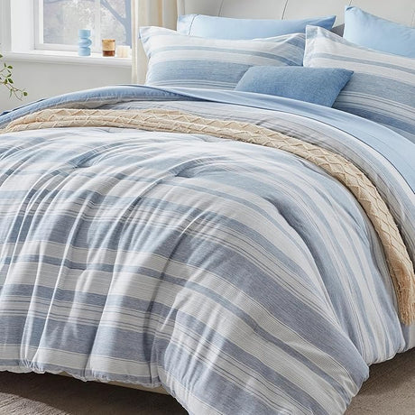 Full Size Comforter Set, 7 Pieces Bed in a Bag Grey Striped, Lightweight Cationic Dyeing